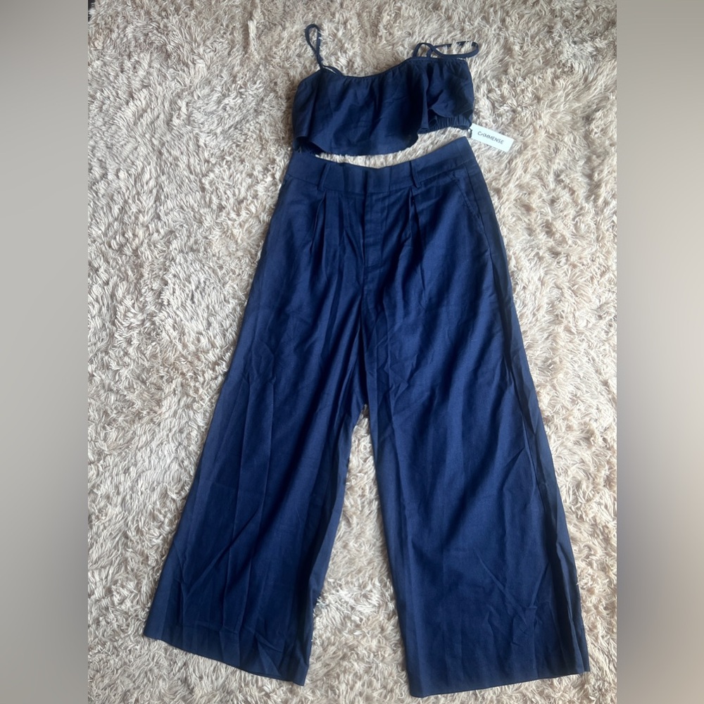 Navy 2 piece set Wide-Leg Pants Set Linen Blend Large - Picture 8 of 12